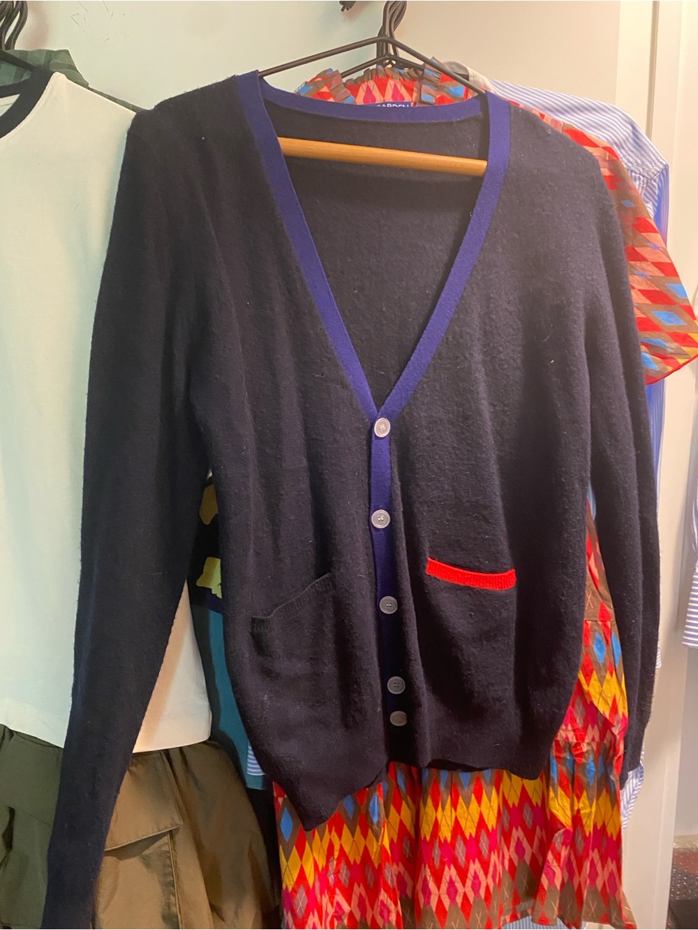 Band Of Outsiders Navy Cardigan with Royal Trim and Red Pocket Accent